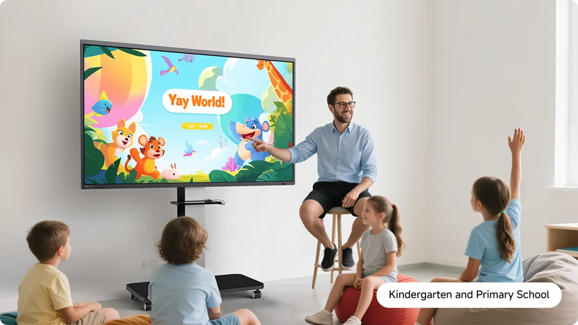 A teacher and children at a Horion panel on a mobile stand in a kindergarten group