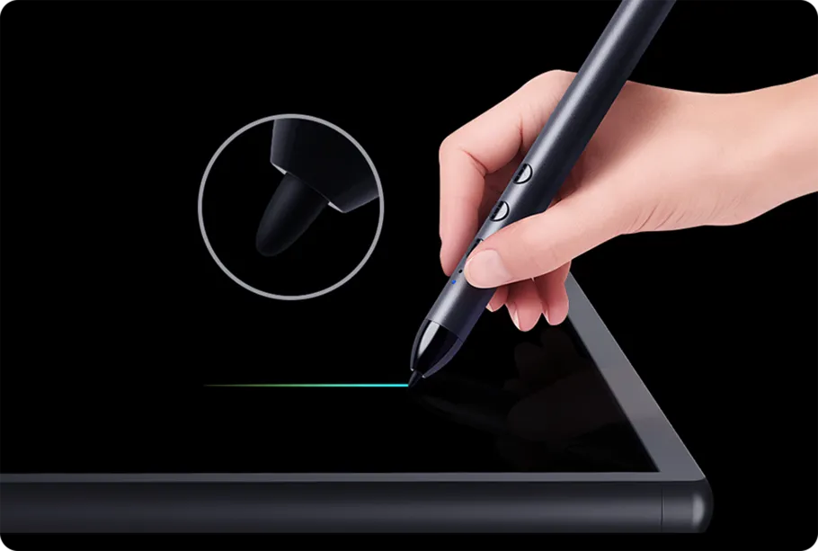 A hand writing on a Horion panel screen with a smart stylus, close-up