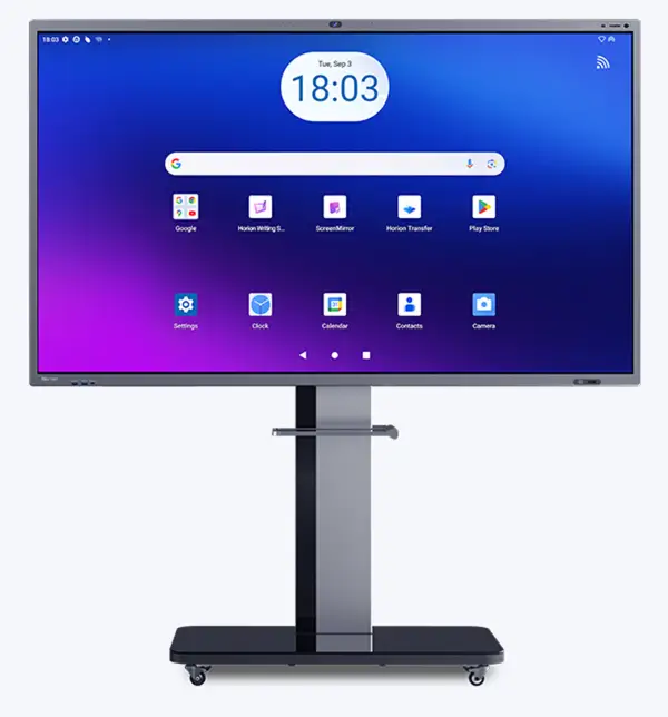 Horion M6A Pro interactive panel on a mobile stand, front view