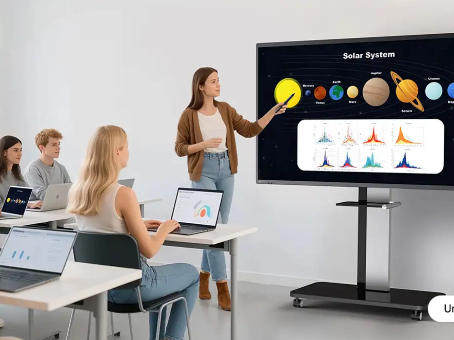 Universitet auditoriyasida Horion panelida quyosh tizimi darsi, talabalar noutbuk bilan
