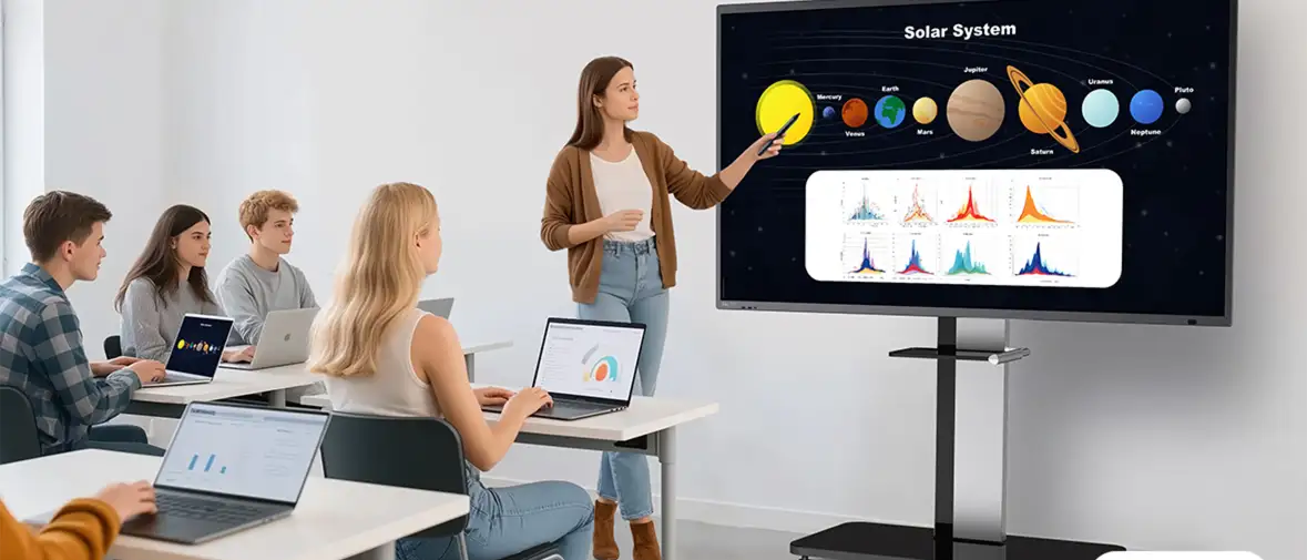 A solar system lesson on a Horion panel in a university lecture hall, students with laptops