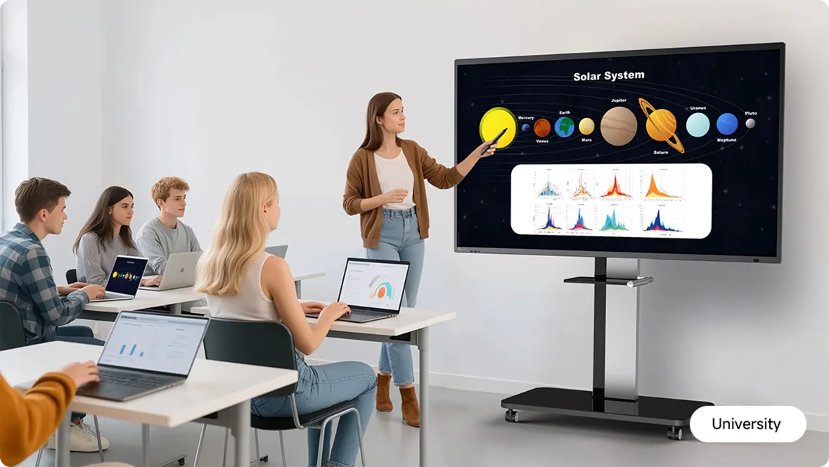 A solar system lesson on a Horion panel in a university lecture hall, students with laptops