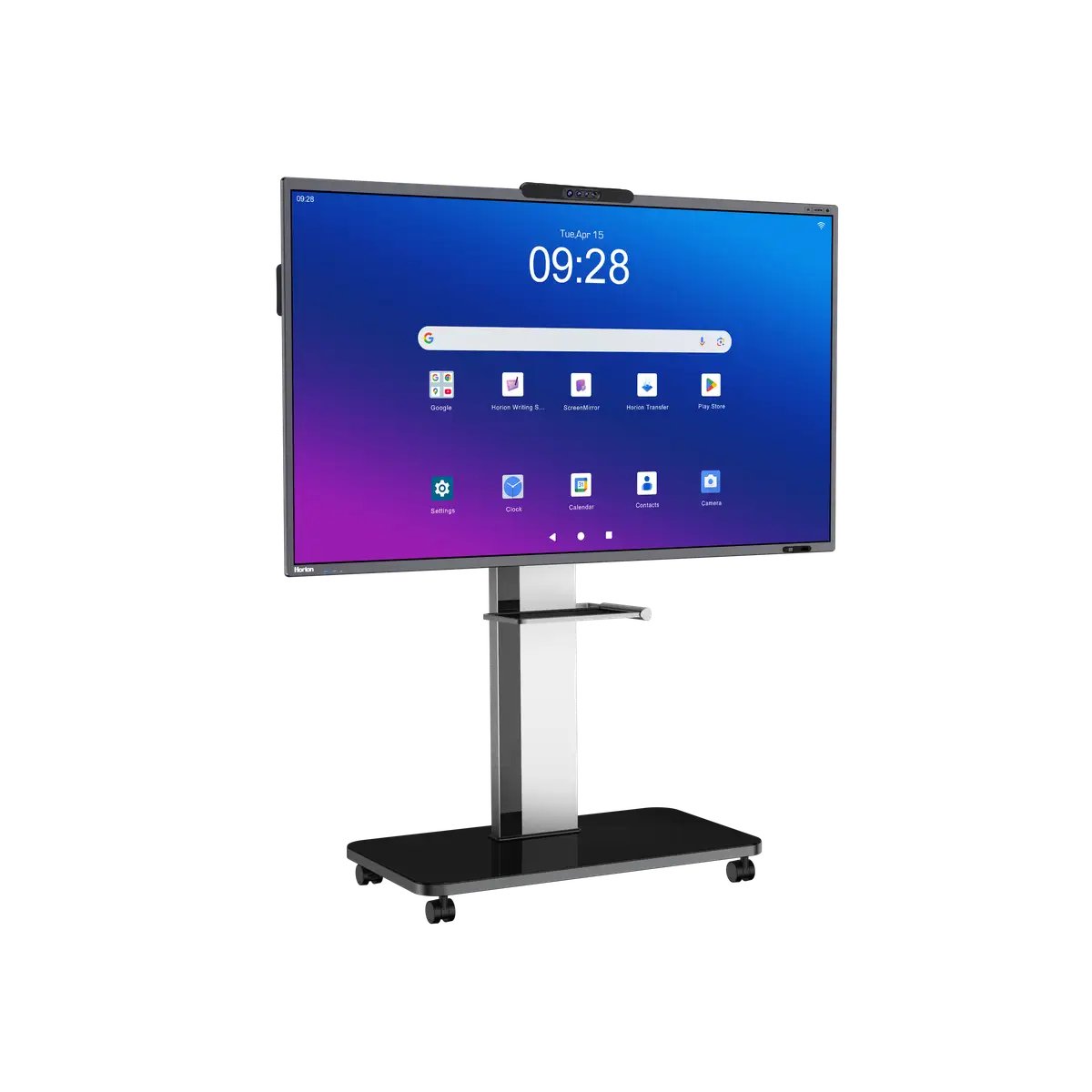 Horion M6A Pro V2 interaktiv paneli mobil stendda, chap yon rakurs, Android bosh ekrani
