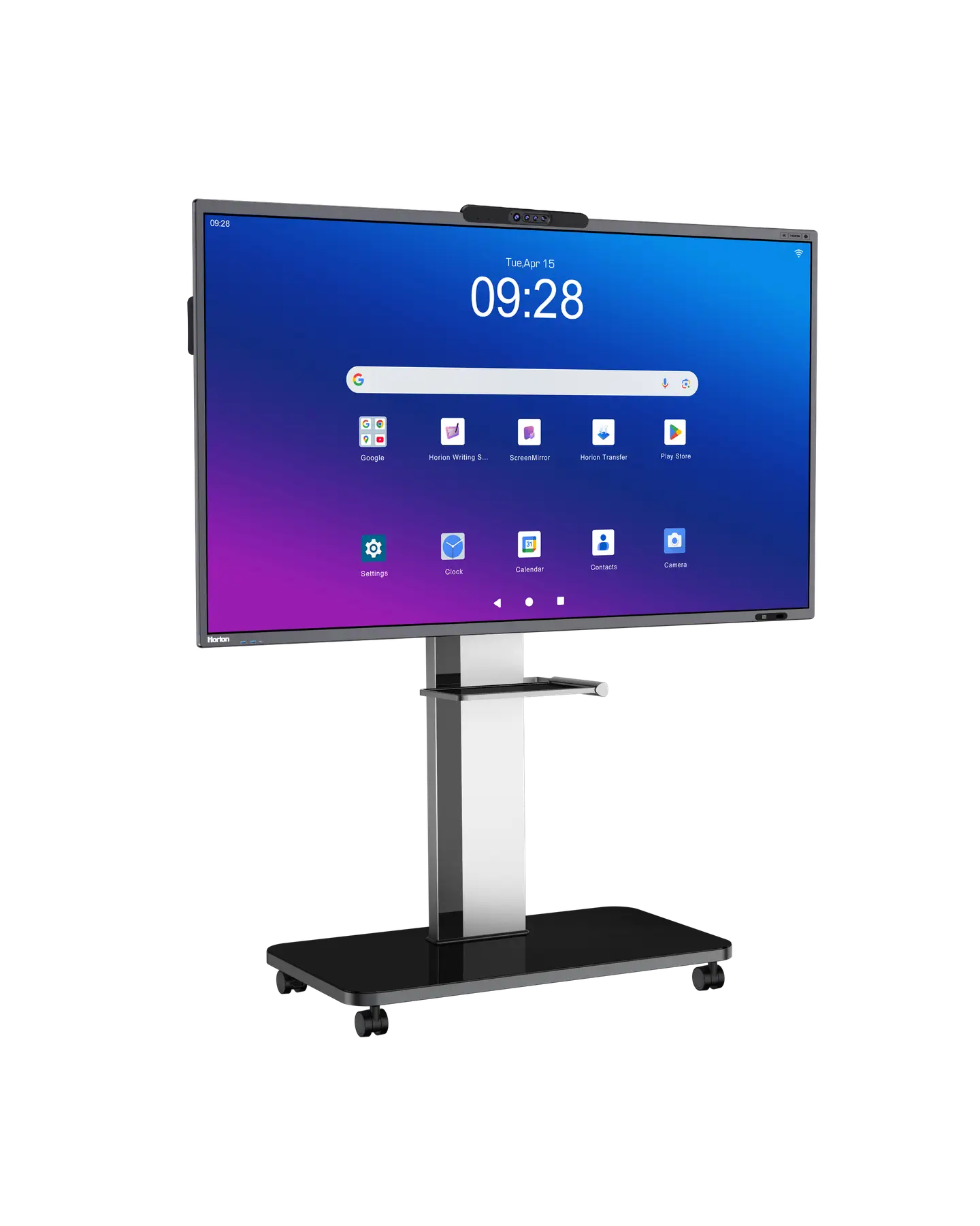 Horion M6A Pro V2 interactive panel on a mobile stand, left angle, Android home screen