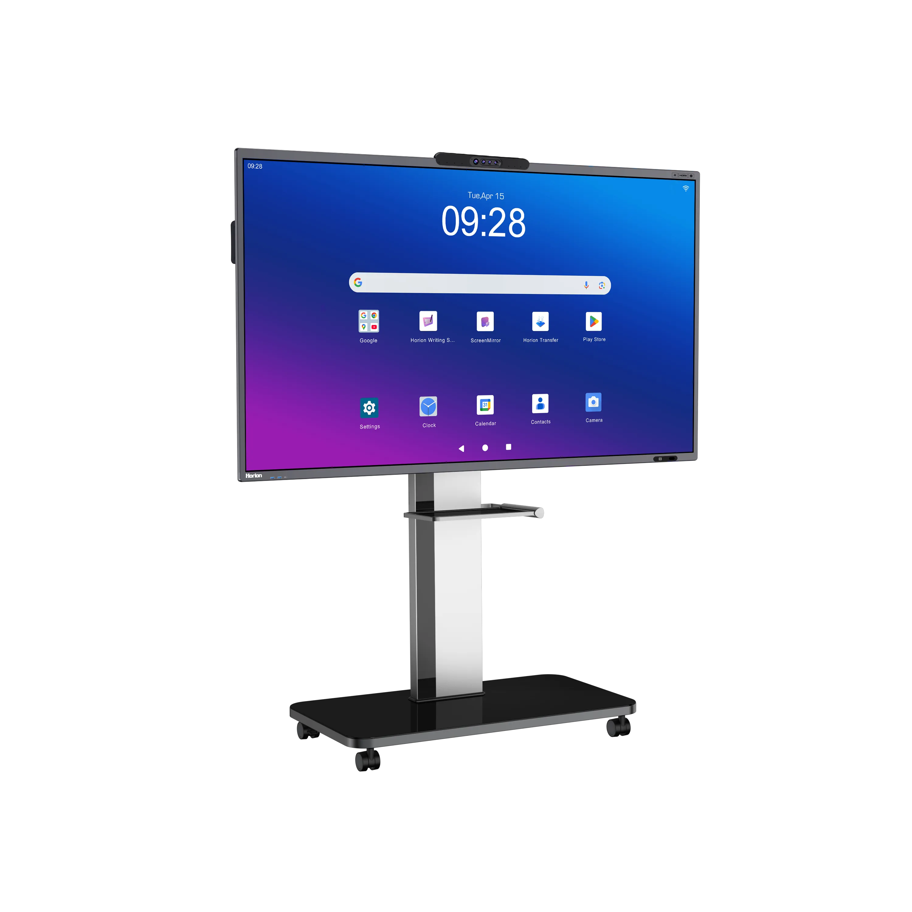 Horion M6A Pro V2 interactive panel on a mobile stand, left angle, Android home screen